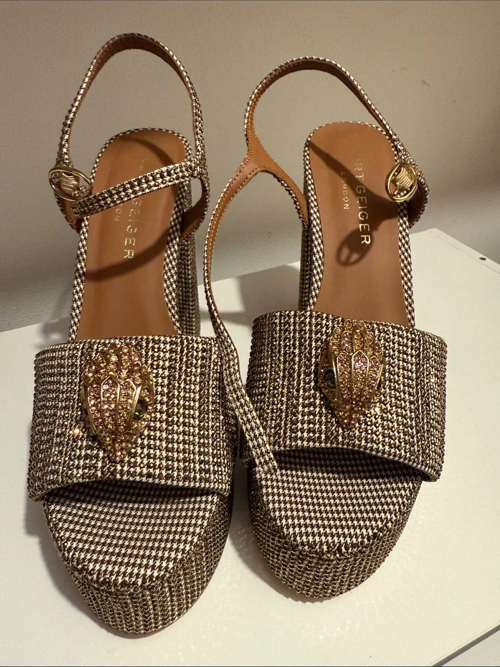 Ted Baker Brown and Gold Tweed Platform Slingback Sandals